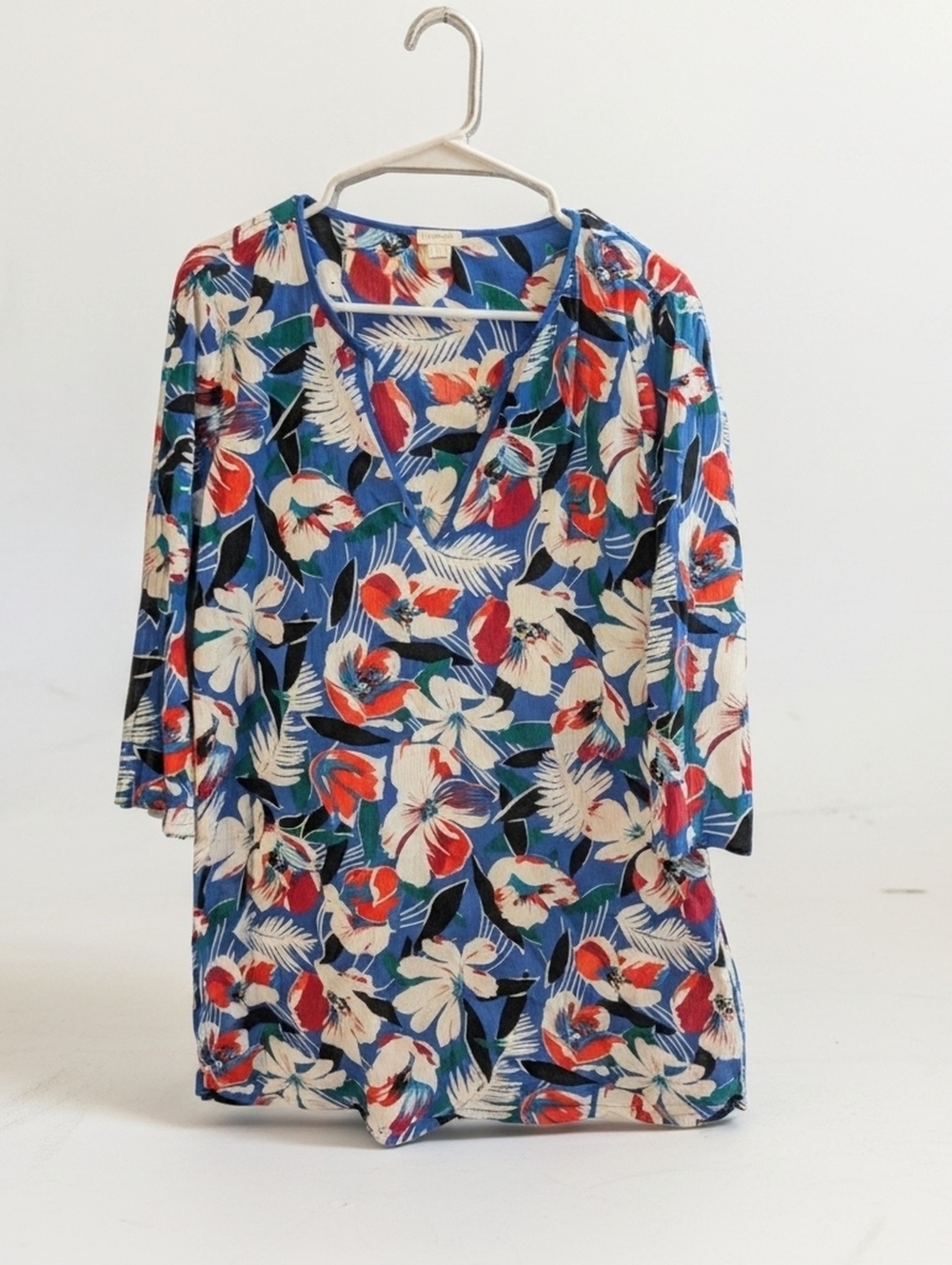 J.Crew Blue Red Floral Hibiscus Cotton Tunic Top, Size Medium
